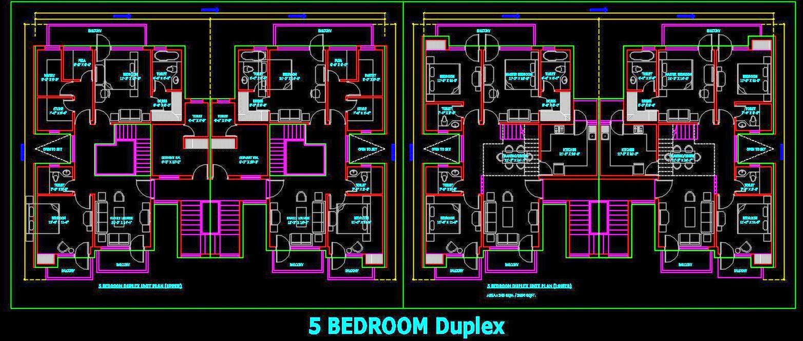 5-Bedroom Duplex Apartment Block (70'x50')- AutoCAD Drawing